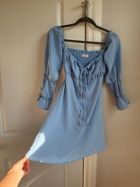 Light Blue Peasant Mini Dress with Tie Front